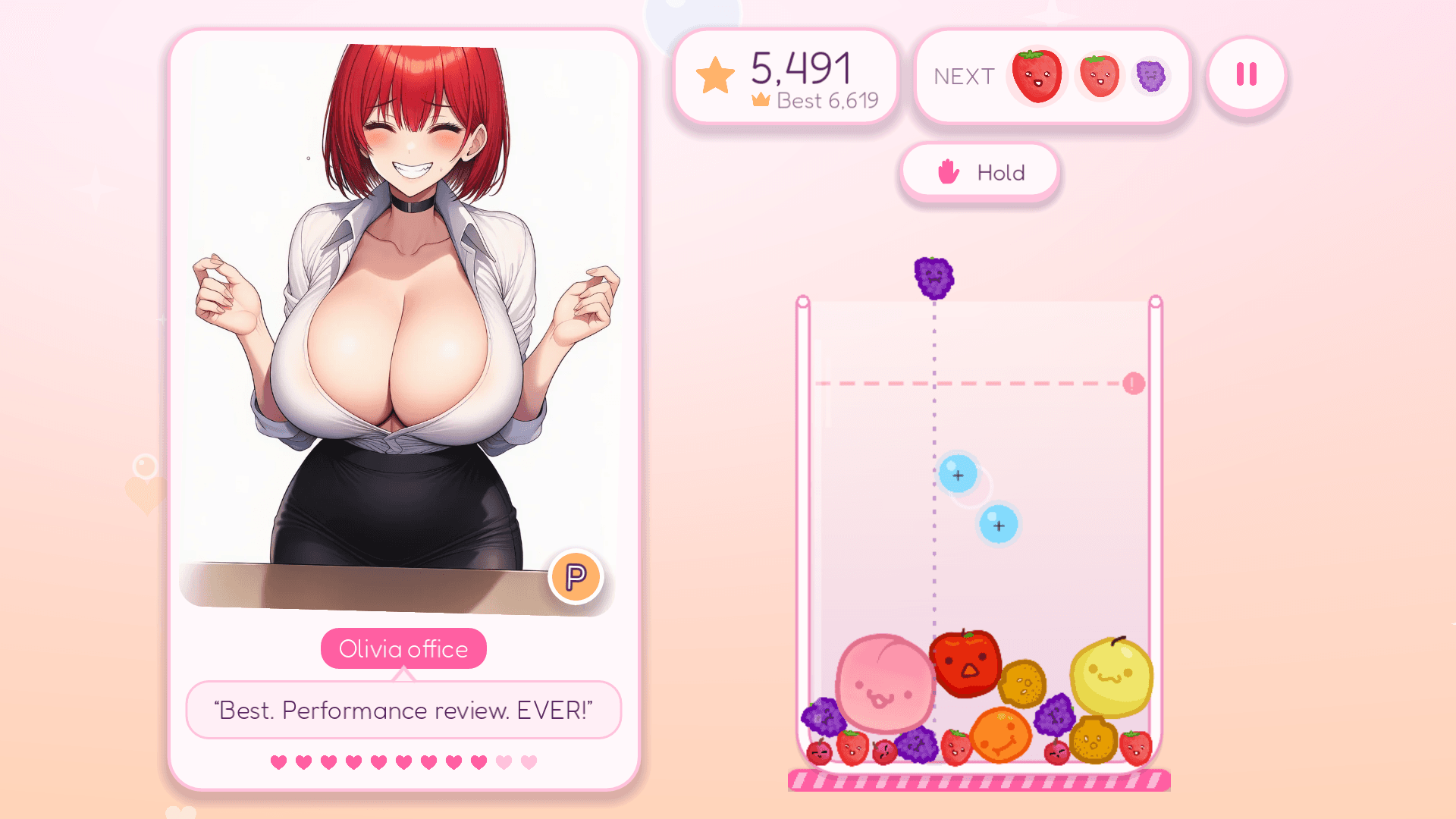 Grow Me! gameplay: Olivia in her office with a big merge pile and Merge Boost active (thumbnail)